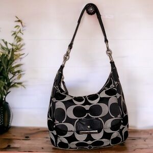 Coach Kristin Hobo Signature Sateen Satchel Handbag Black Taupe-gray